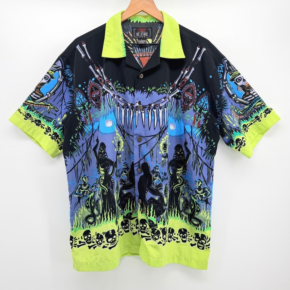 La Rocka BC Ethic Shirt Mens L Black Magic Tiki Voodoo Vince Ray Camp Vintage